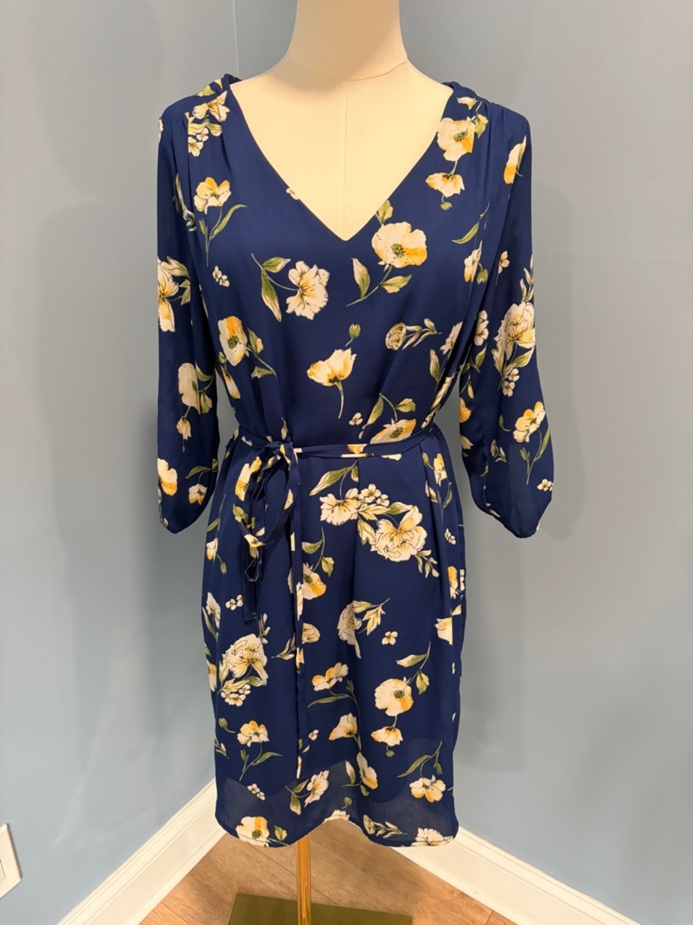 Floral Navy V-Neck Tie-Waist Mini Dress